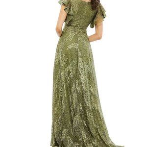 Mac Duggal Floral Embellished V-Neck Short Ruffle Sleeve Ball Gown